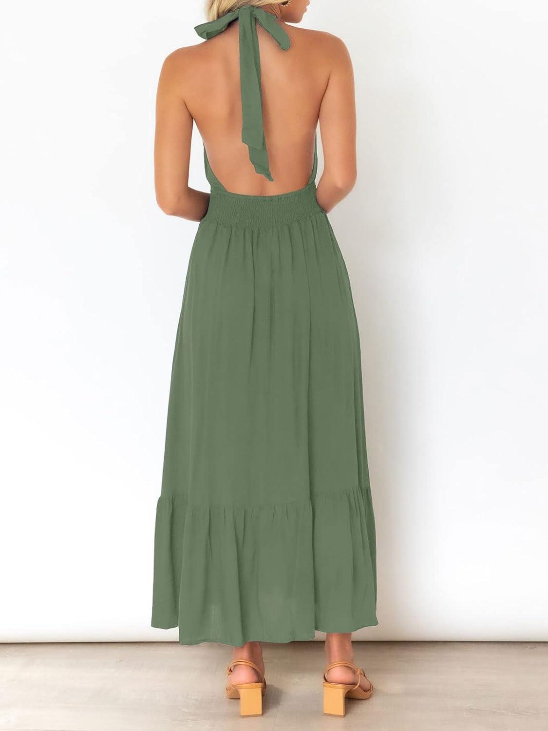 imageZESICA Womens 2026 Summer Crossover Halter Neck Sleeveless Plaid Cut Out Backless Flowy A Line Maxi DressArmygreen