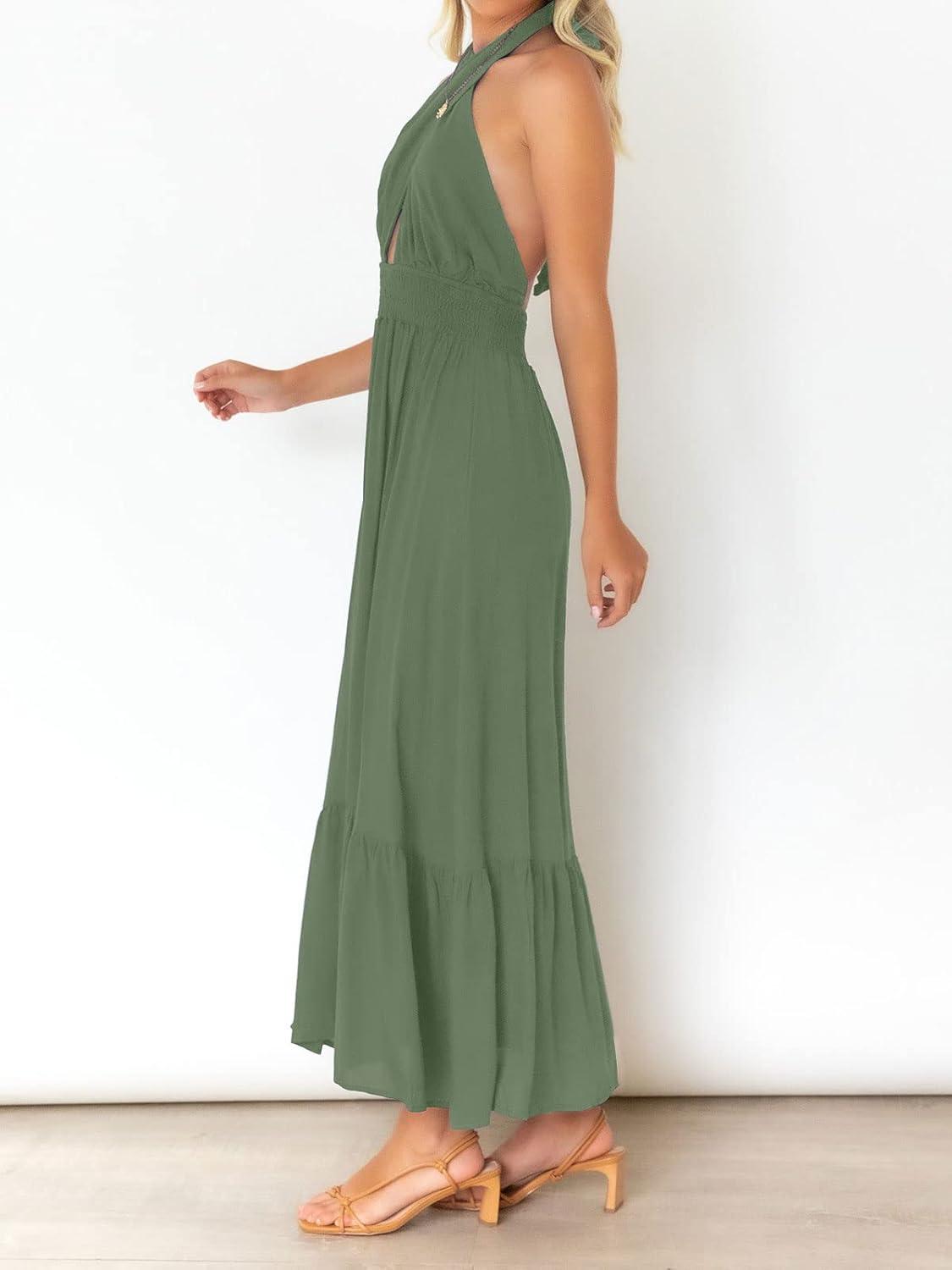 imageZESICA Womens 2026 Summer Crossover Halter Neck Sleeveless Plaid Cut Out Backless Flowy A Line Maxi DressArmygreen