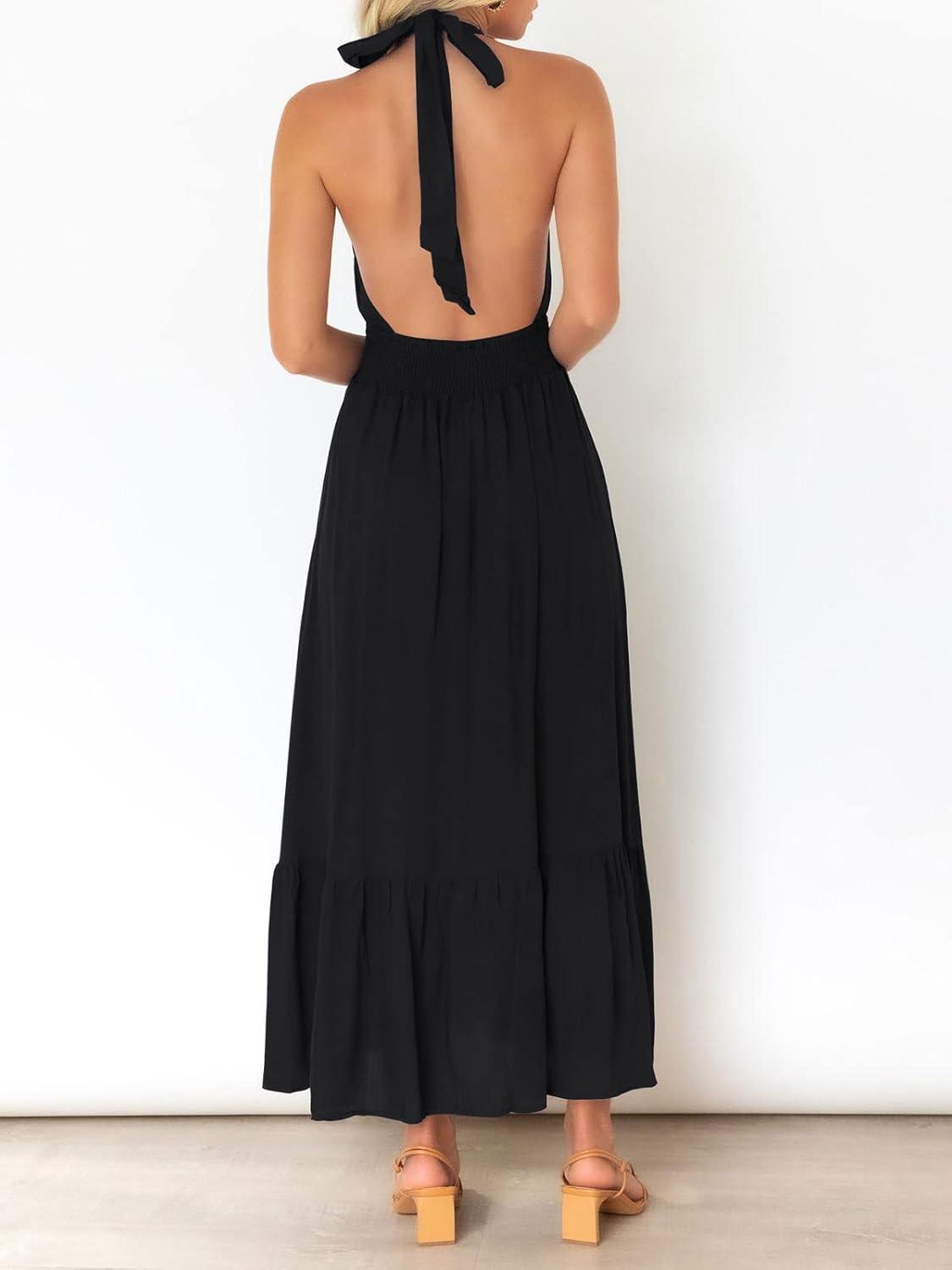 imageZESICA Womens 2026 Summer Crossover Halter Neck Sleeveless Plaid Cut Out Backless Flowy A Line Maxi DressBlack