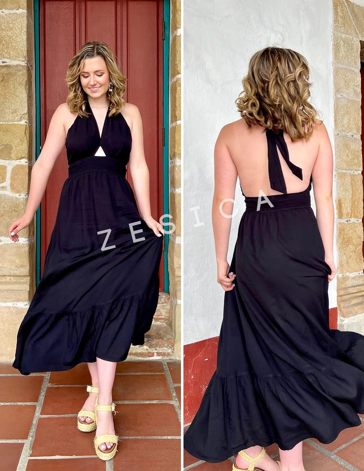 imageZESICA Womens 2026 Summer Crossover Halter Neck Sleeveless Plaid Cut Out Backless Flowy A Line Maxi DressBlack