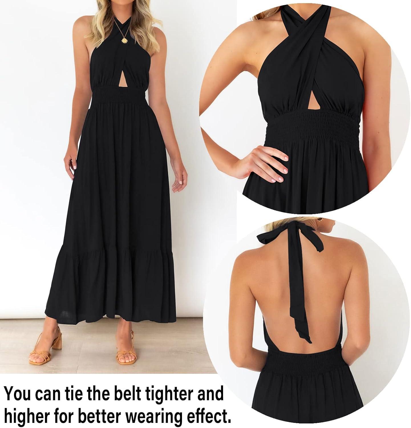 imageZESICA Womens 2026 Summer Crossover Halter Neck Sleeveless Plaid Cut Out Backless Flowy A Line Maxi DressBlack