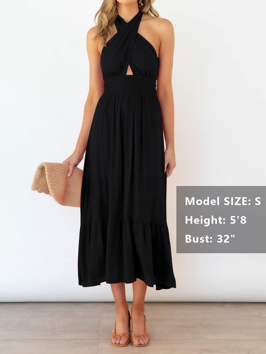 imageZESICA Womens 2026 Summer Crossover Halter Neck Sleeveless Plaid Cut Out Backless Flowy A Line Maxi DressBlack