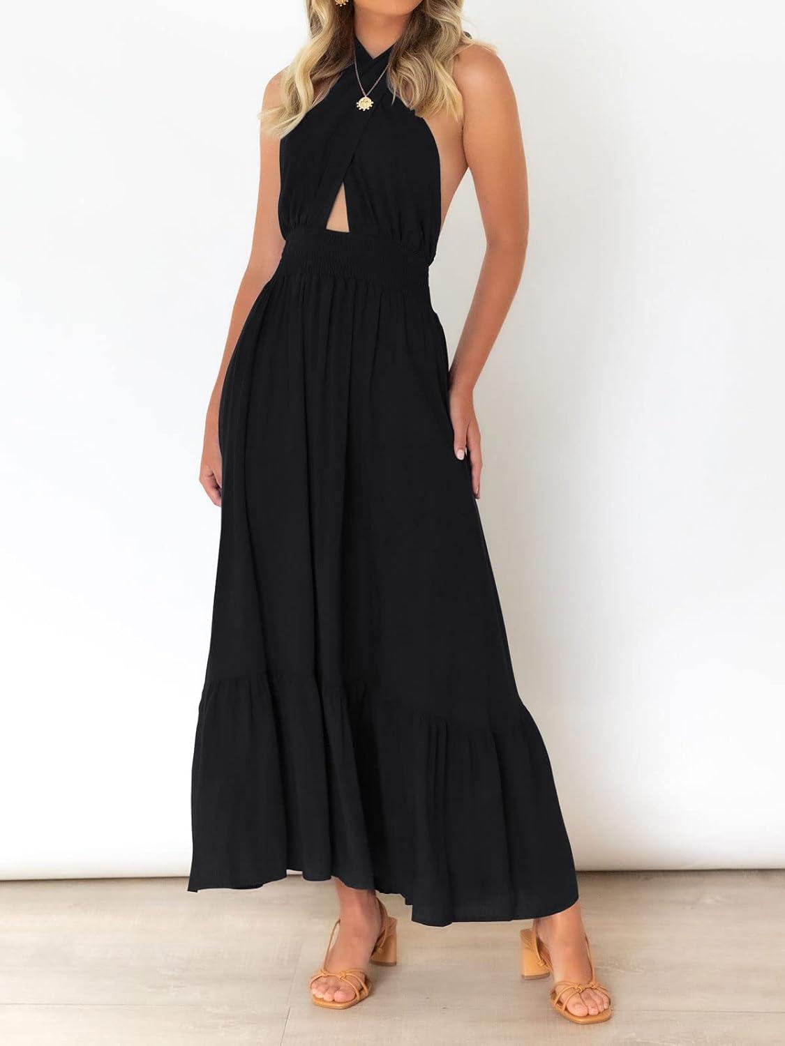 imageZESICA Womens 2026 Summer Crossover Halter Neck Sleeveless Plaid Cut Out Backless Flowy A Line Maxi DressBlack
