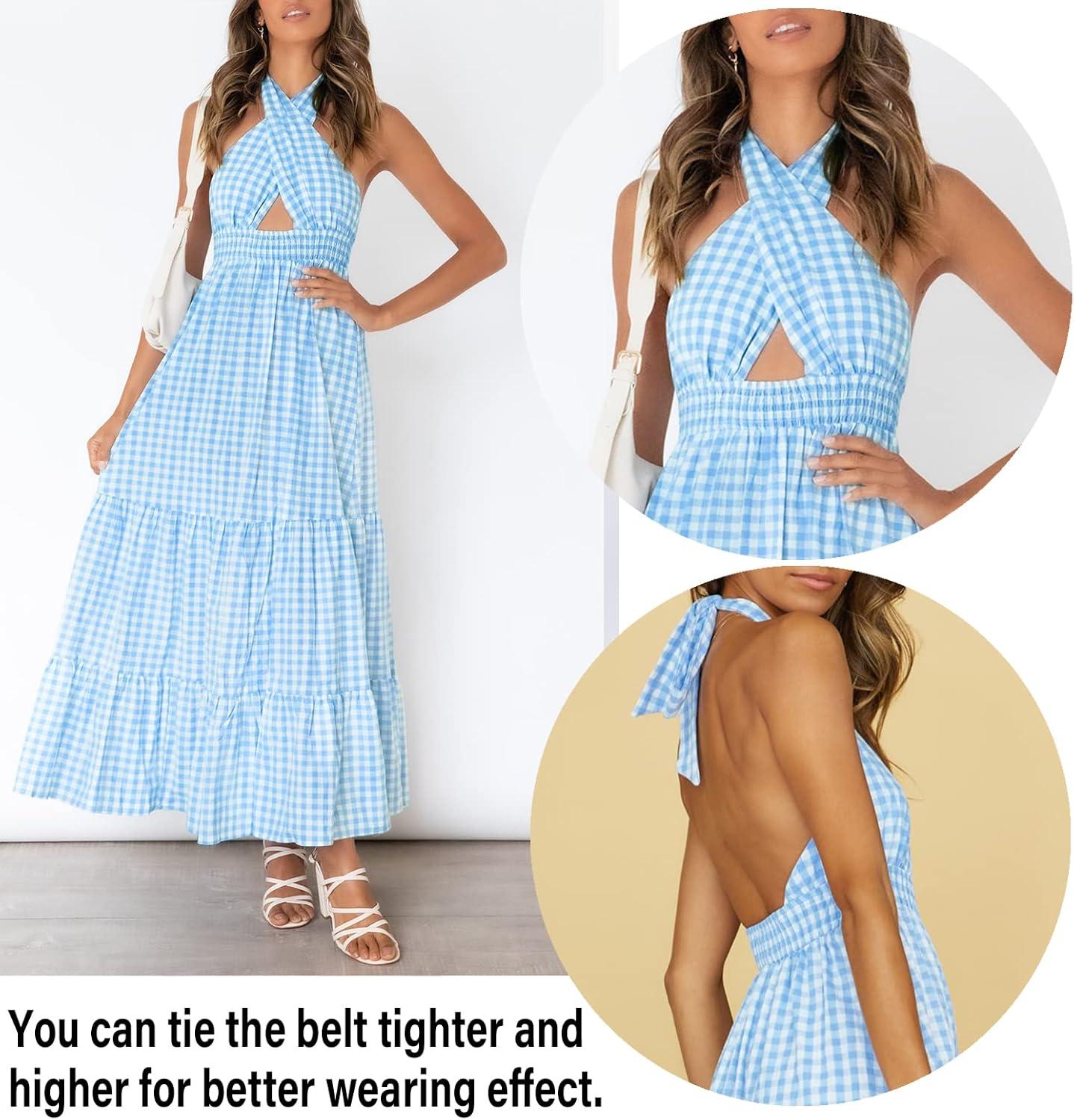 imageZESICA Womens 2026 Summer Crossover Halter Neck Sleeveless Plaid Cut Out Backless Flowy A Line Maxi DressBlue