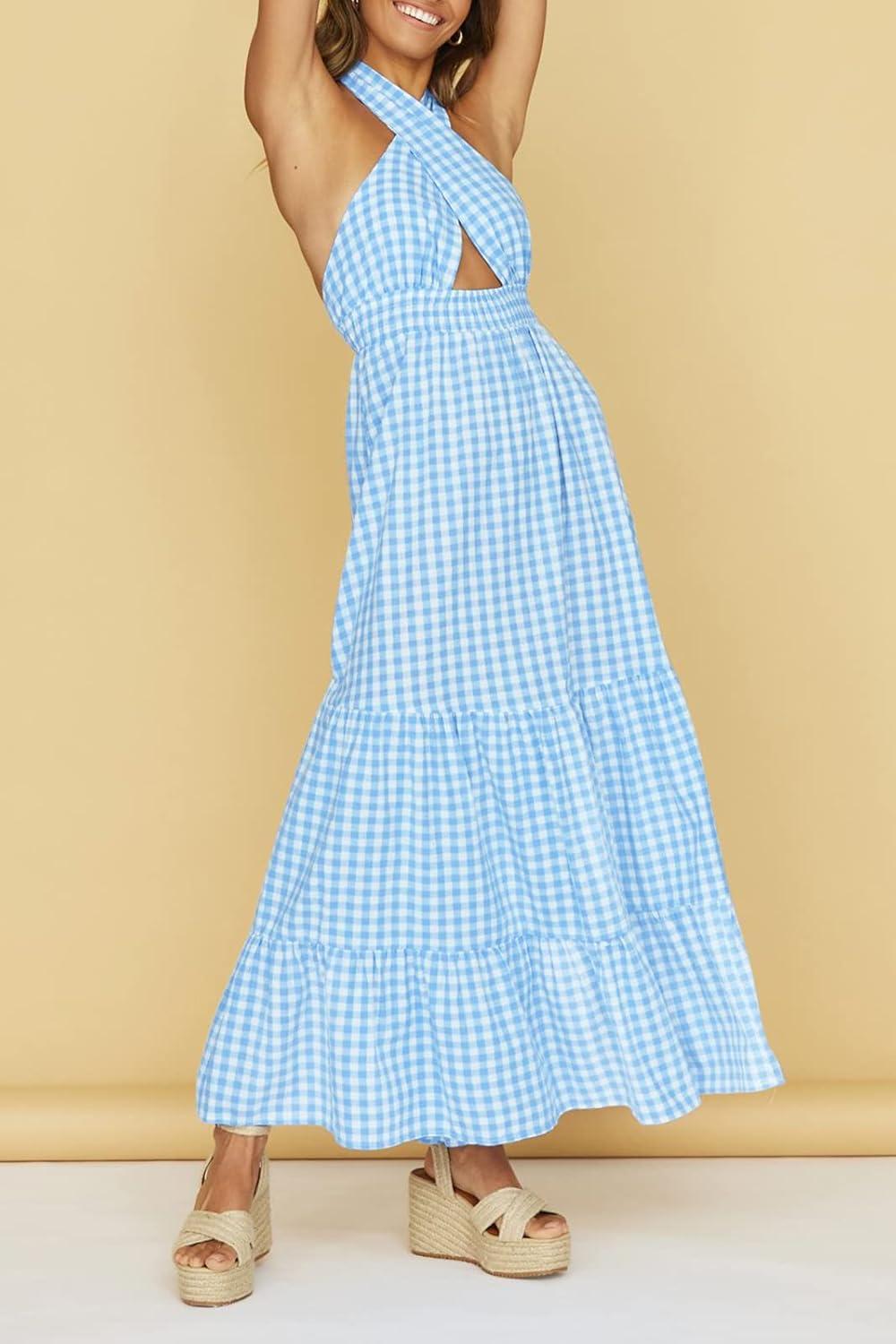 imageZESICA Womens 2026 Summer Crossover Halter Neck Sleeveless Plaid Cut Out Backless Flowy A Line Maxi DressBlue