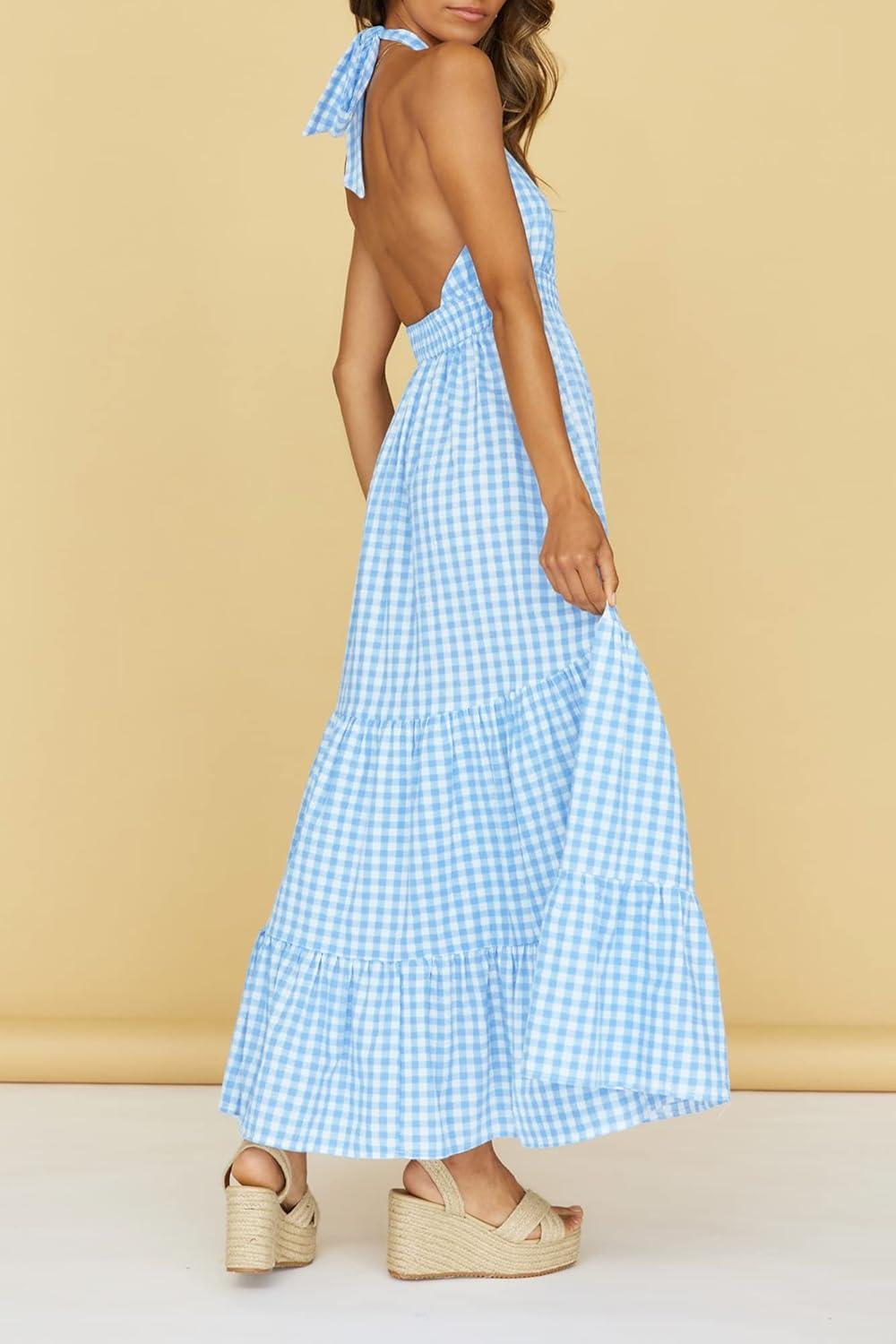 imageZESICA Womens 2026 Summer Crossover Halter Neck Sleeveless Plaid Cut Out Backless Flowy A Line Maxi DressBlue
