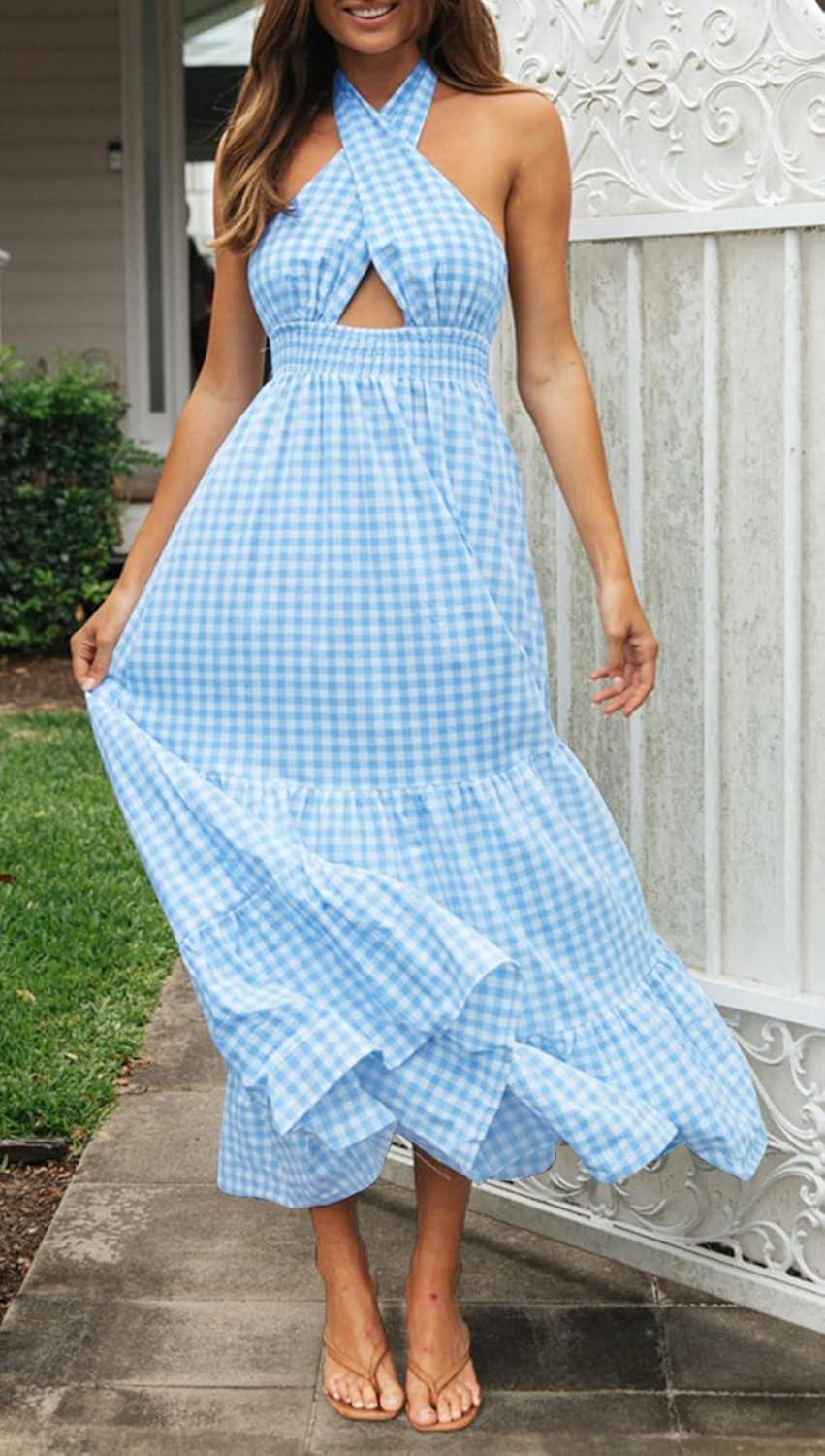 imageZESICA Womens 2026 Summer Crossover Halter Neck Sleeveless Plaid Cut Out Backless Flowy A Line Maxi DressBlue