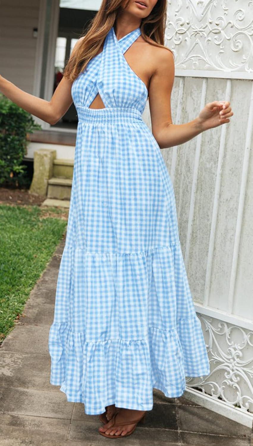 imageZESICA Womens 2026 Summer Crossover Halter Neck Sleeveless Plaid Cut Out Backless Flowy A Line Maxi DressBlue