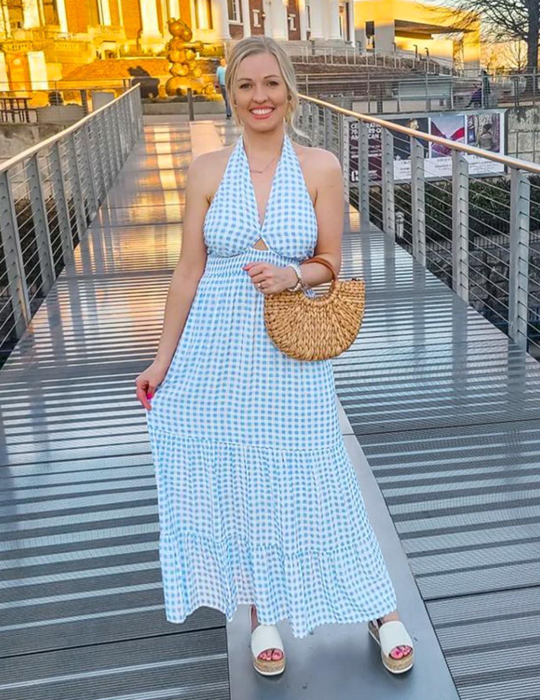 imageZESICA Womens 2026 Summer Crossover Halter Neck Sleeveless Plaid Cut Out Backless Flowy A Line Maxi DressBlue