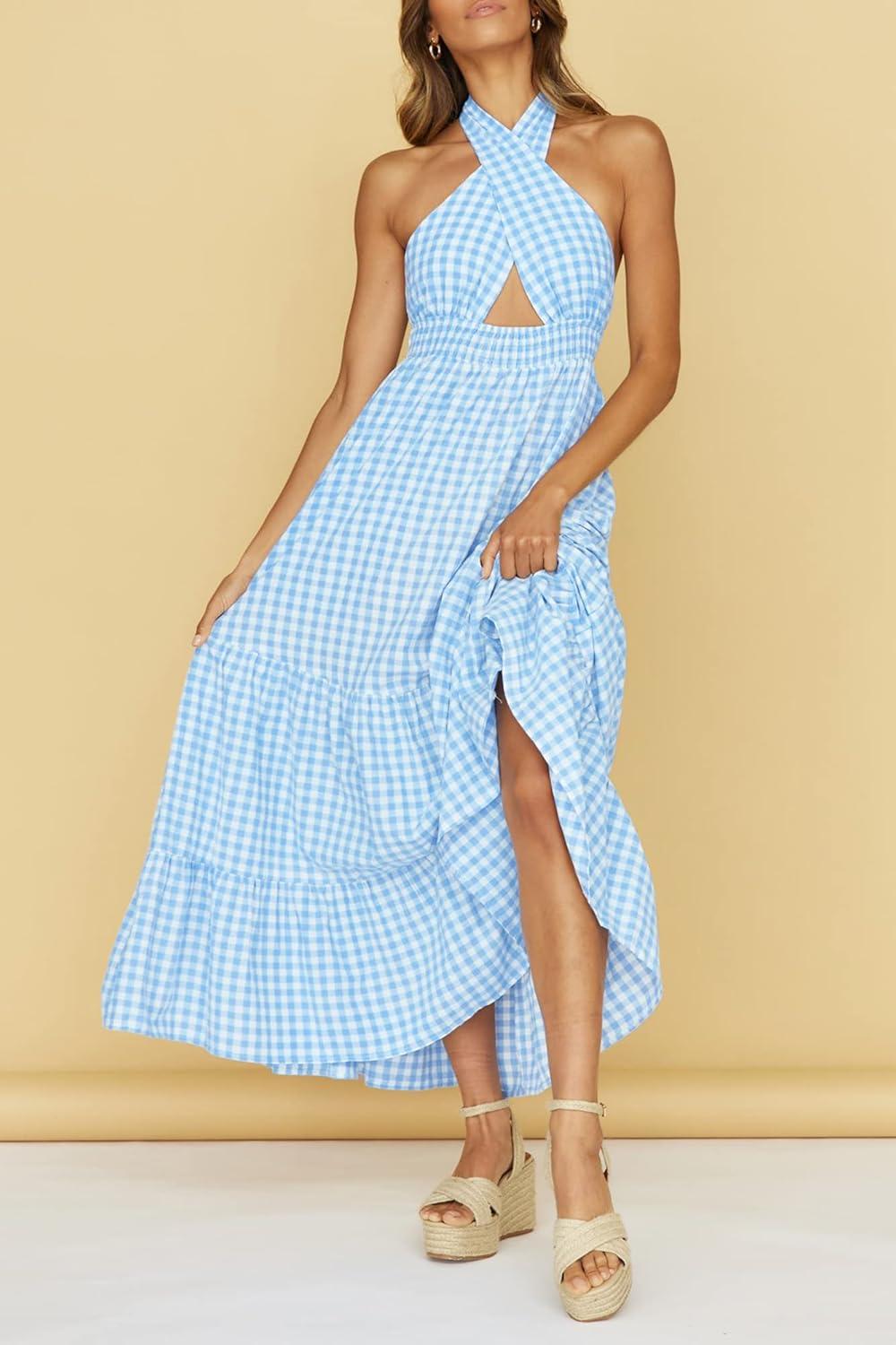 imageZESICA Womens 2026 Summer Crossover Halter Neck Sleeveless Plaid Cut Out Backless Flowy A Line Maxi DressBlue