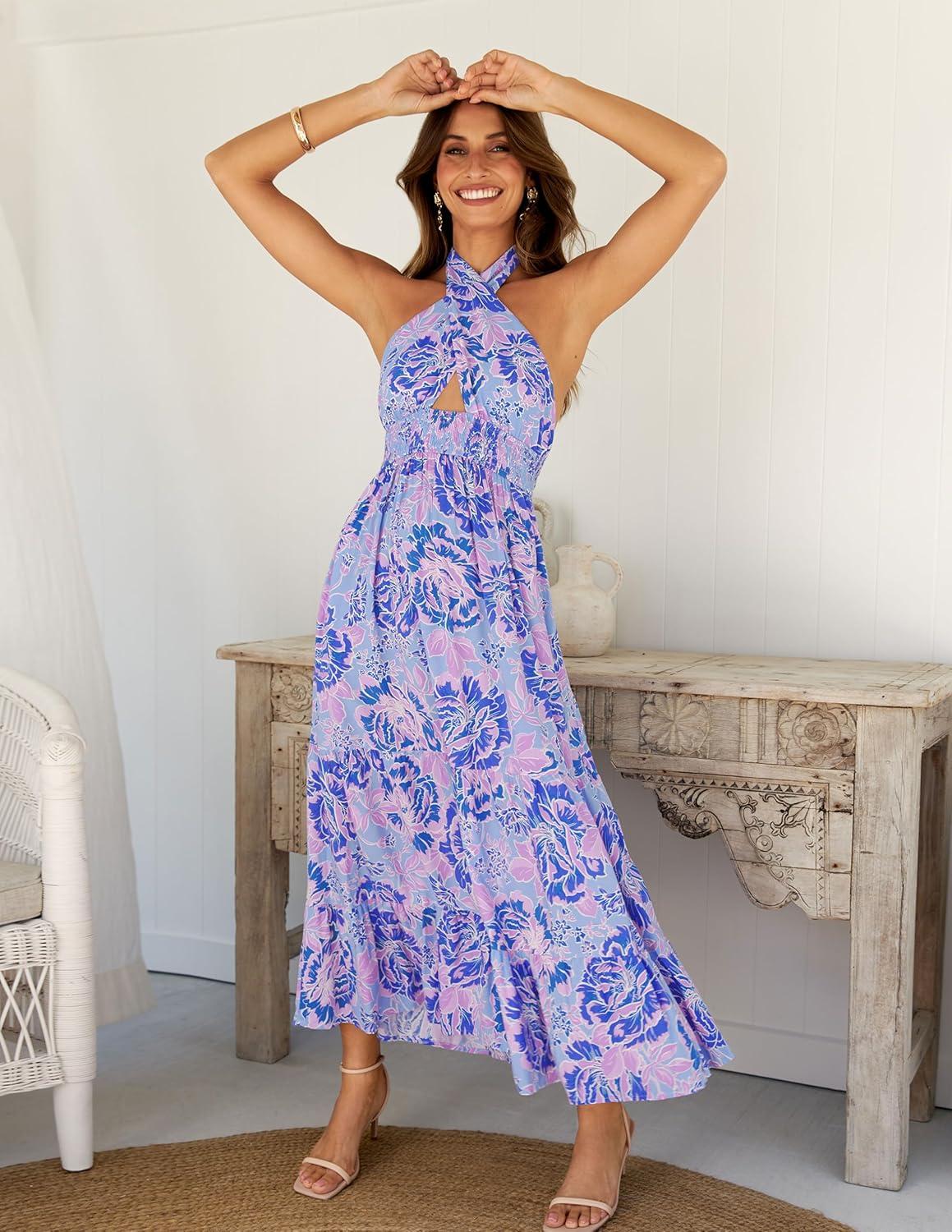 imageZESICA Womens 2026 Summer Crossover Halter Neck Sleeveless Plaid Cut Out Backless Flowy A Line Maxi DressBluishviolet