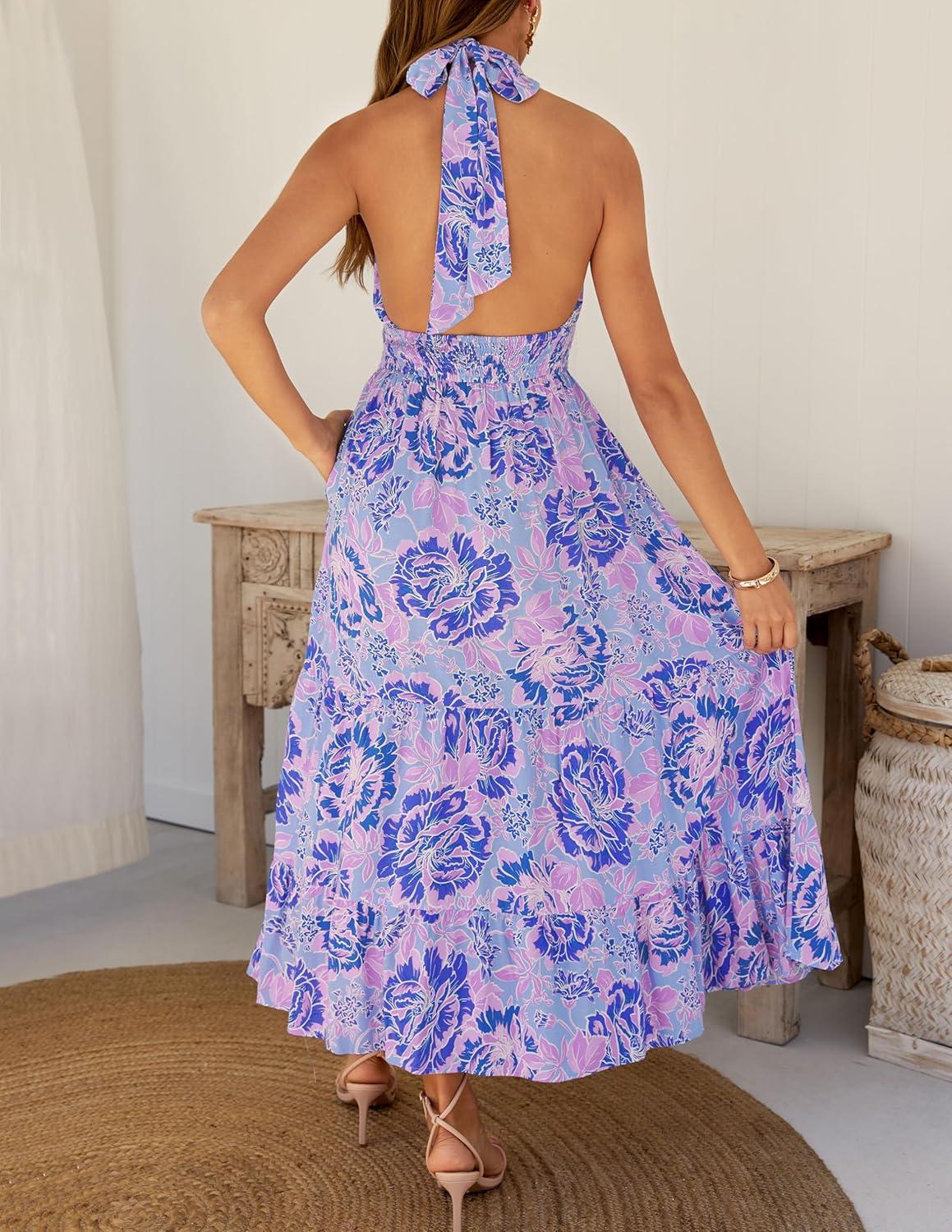 imageZESICA Womens 2026 Summer Crossover Halter Neck Sleeveless Plaid Cut Out Backless Flowy A Line Maxi DressBluishviolet