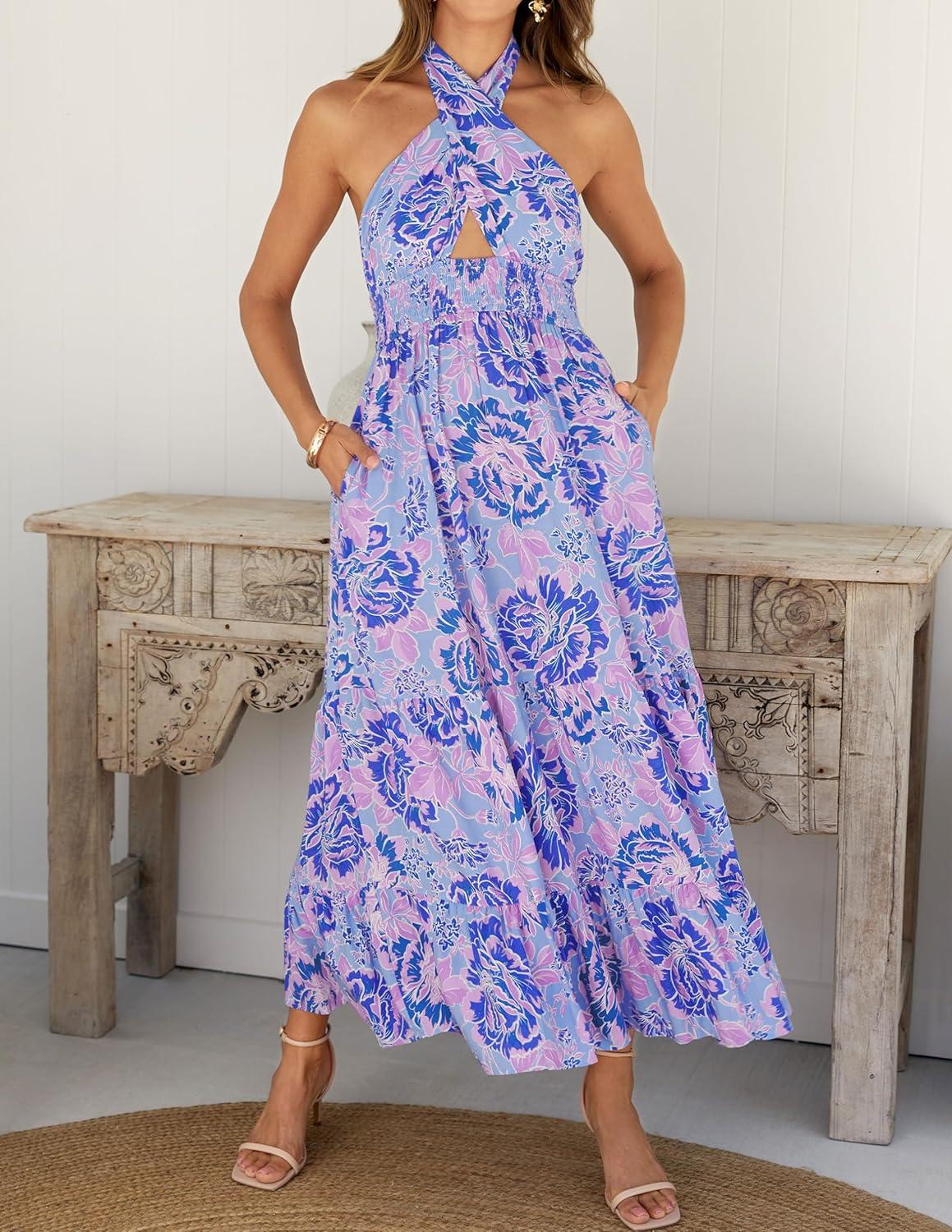 imageZESICA Womens 2026 Summer Crossover Halter Neck Sleeveless Plaid Cut Out Backless Flowy A Line Maxi DressBluishviolet