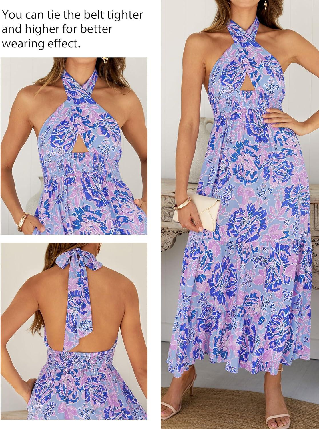 imageZESICA Womens 2026 Summer Crossover Halter Neck Sleeveless Plaid Cut Out Backless Flowy A Line Maxi DressBluishviolet