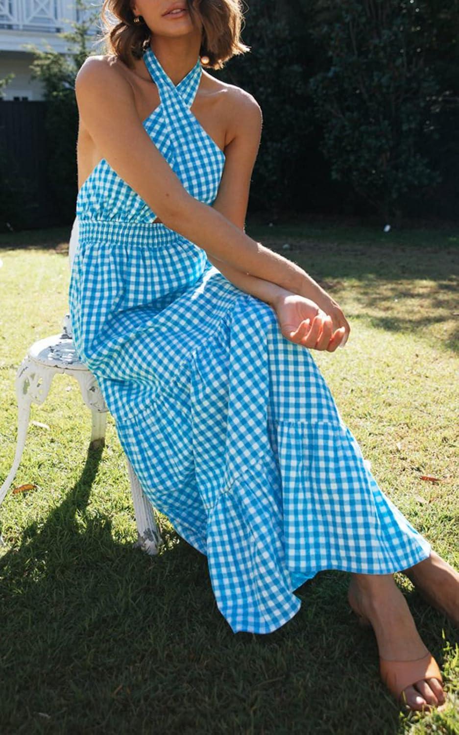 imageZESICA Womens 2026 Summer Crossover Halter Neck Sleeveless Plaid Cut Out Backless Flowy A Line Maxi DressBrightblue