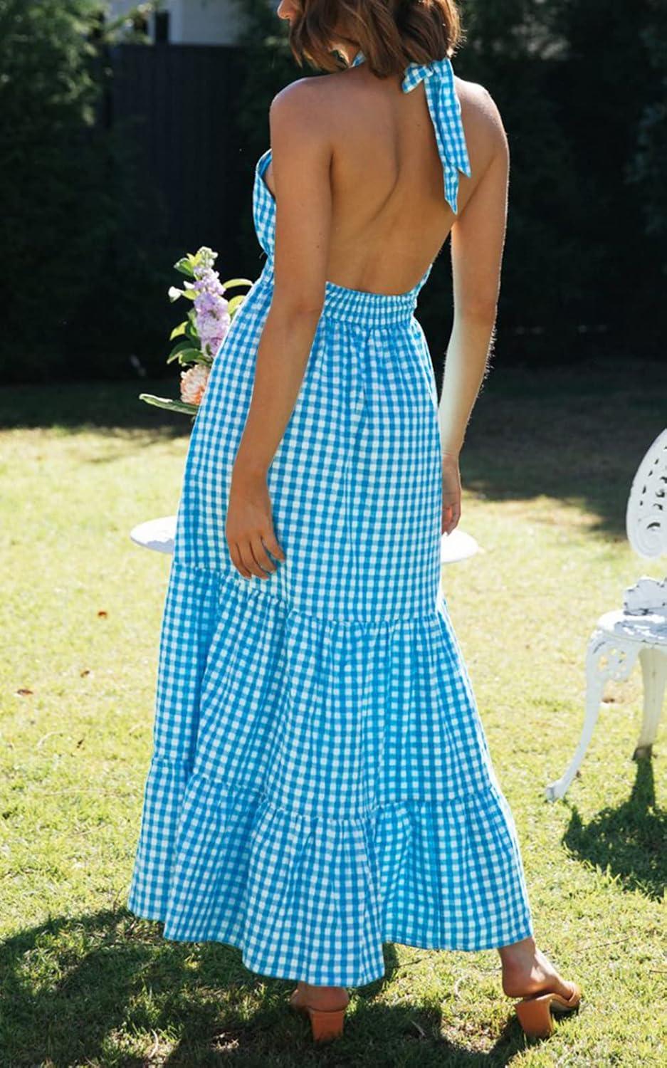 imageZESICA Womens 2026 Summer Crossover Halter Neck Sleeveless Plaid Cut Out Backless Flowy A Line Maxi DressBrightblue