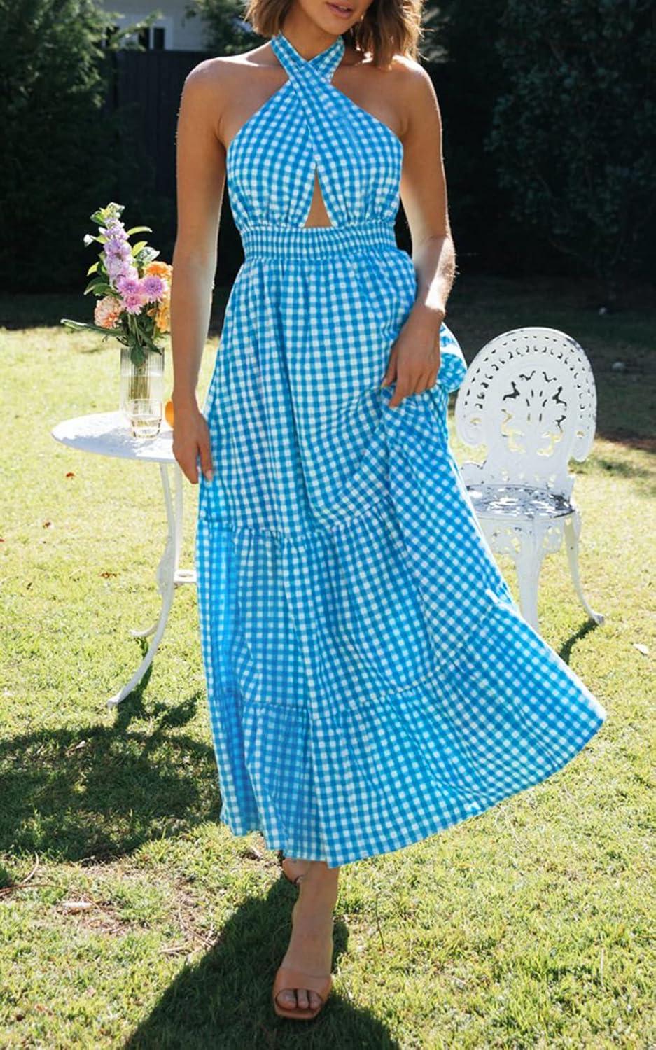 imageZESICA Womens 2026 Summer Crossover Halter Neck Sleeveless Plaid Cut Out Backless Flowy A Line Maxi DressBrightblue