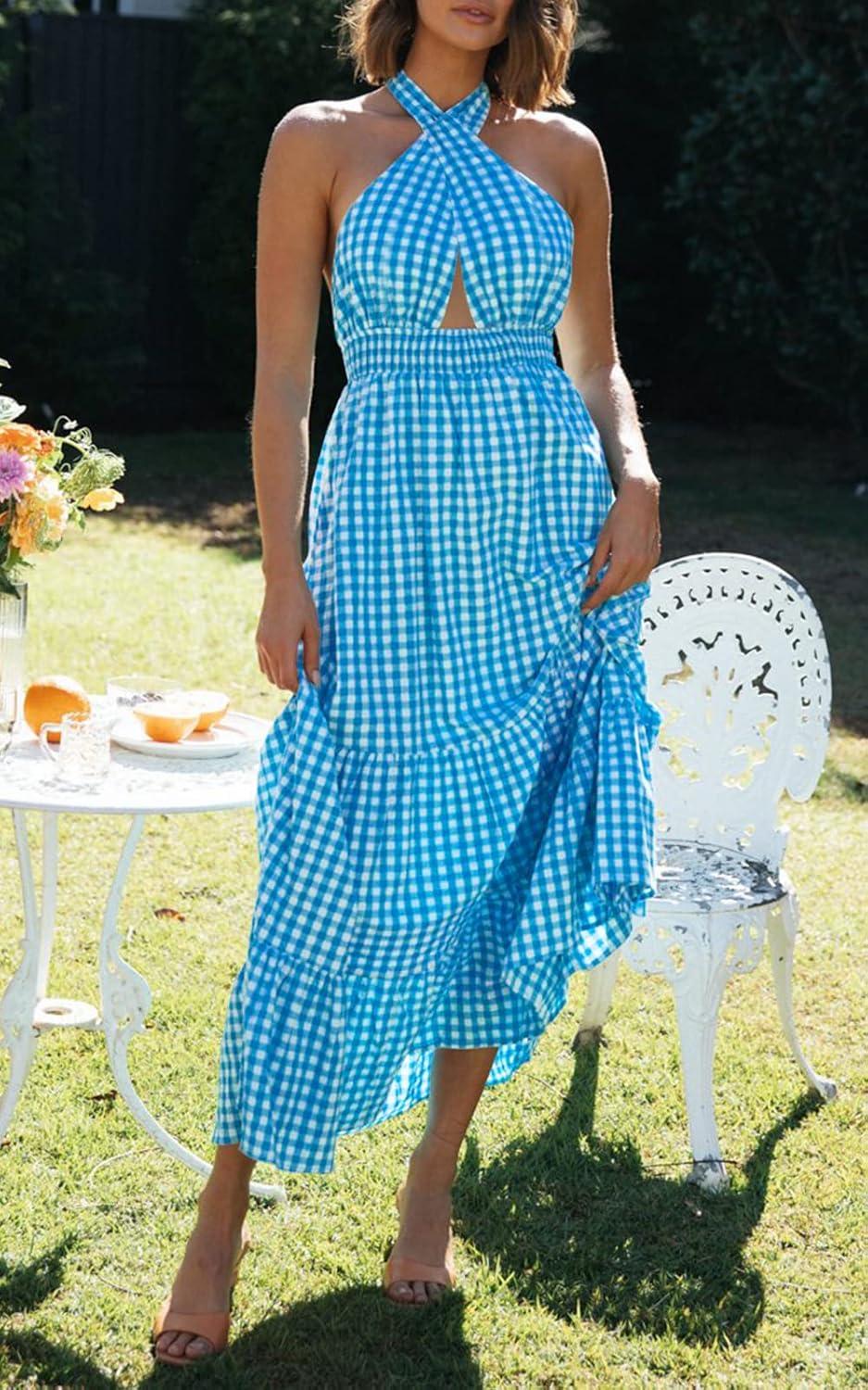 imageZESICA Womens 2026 Summer Crossover Halter Neck Sleeveless Plaid Cut Out Backless Flowy A Line Maxi DressBrightblue