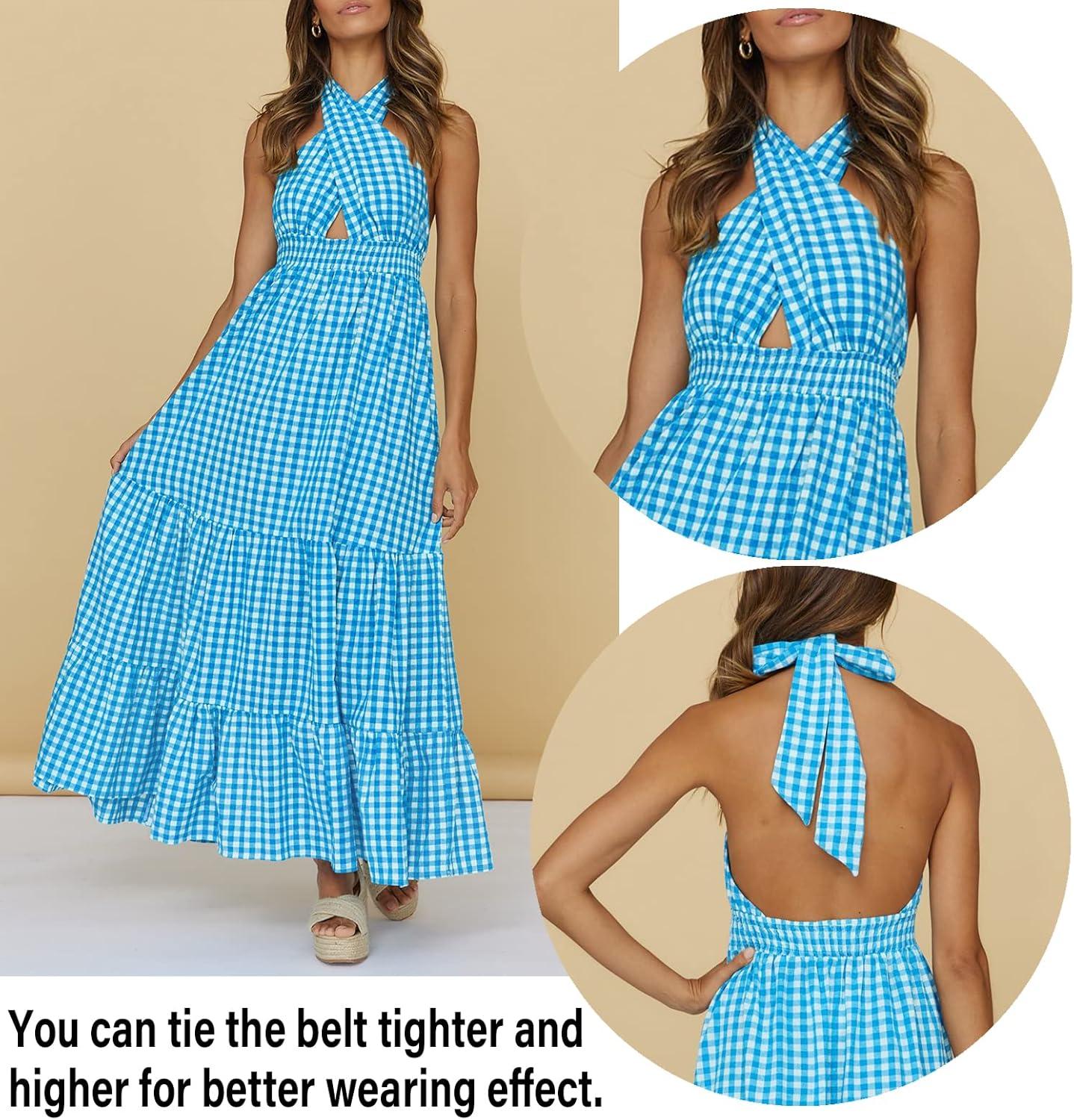 imageZESICA Womens 2026 Summer Crossover Halter Neck Sleeveless Plaid Cut Out Backless Flowy A Line Maxi DressBrightblue