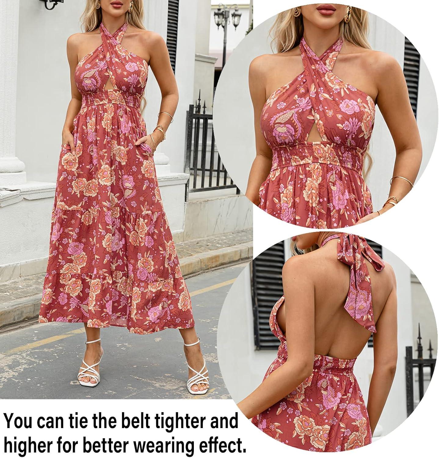 imageZESICA Womens 2026 Summer Crossover Halter Neck Sleeveless Plaid Cut Out Backless Flowy A Line Maxi DressBurntbrick