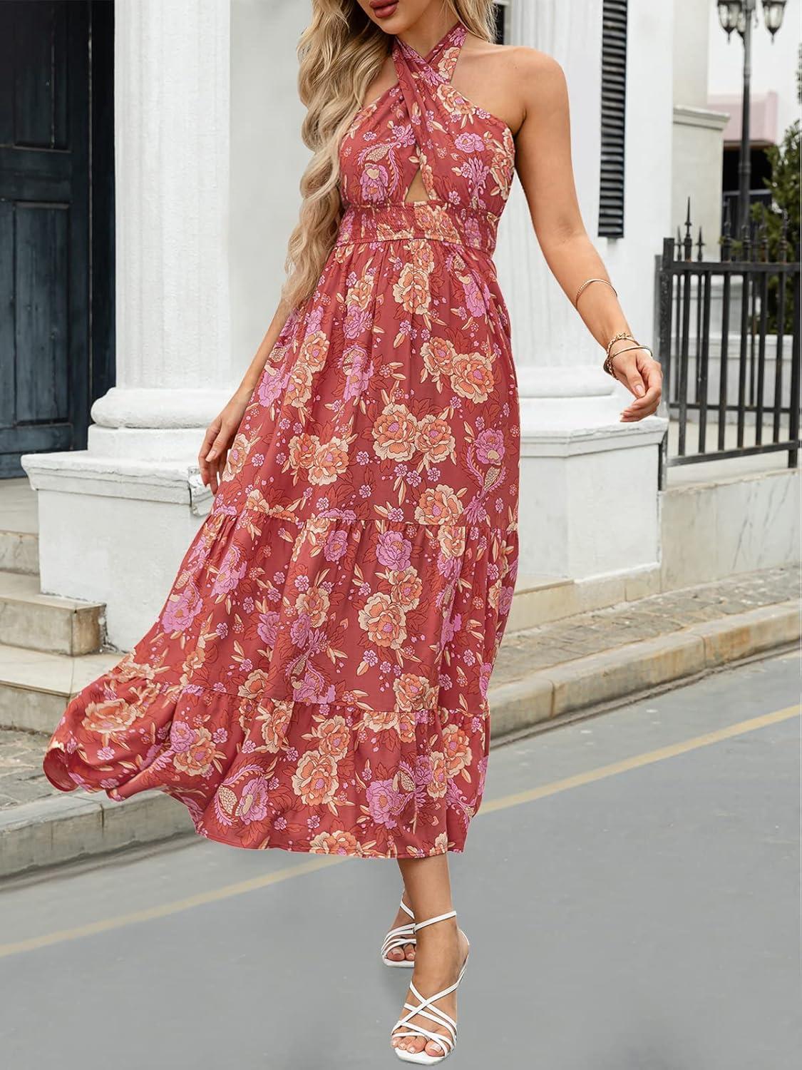 imageZESICA Womens 2026 Summer Crossover Halter Neck Sleeveless Plaid Cut Out Backless Flowy A Line Maxi DressBurntbrick