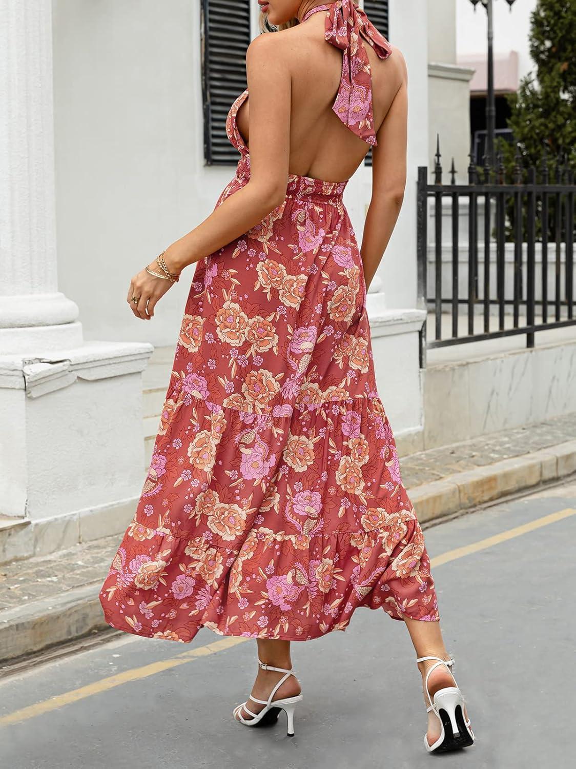 imageZESICA Womens 2026 Summer Crossover Halter Neck Sleeveless Plaid Cut Out Backless Flowy A Line Maxi DressBurntbrick