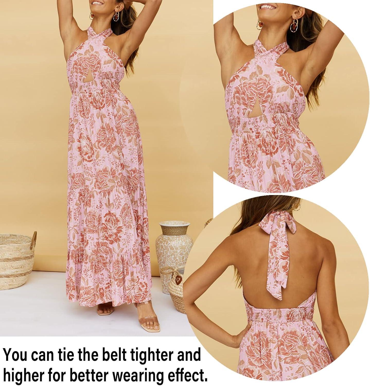 imageZESICA Womens 2026 Summer Crossover Halter Neck Sleeveless Plaid Cut Out Backless Flowy A Line Maxi DressLightbrown