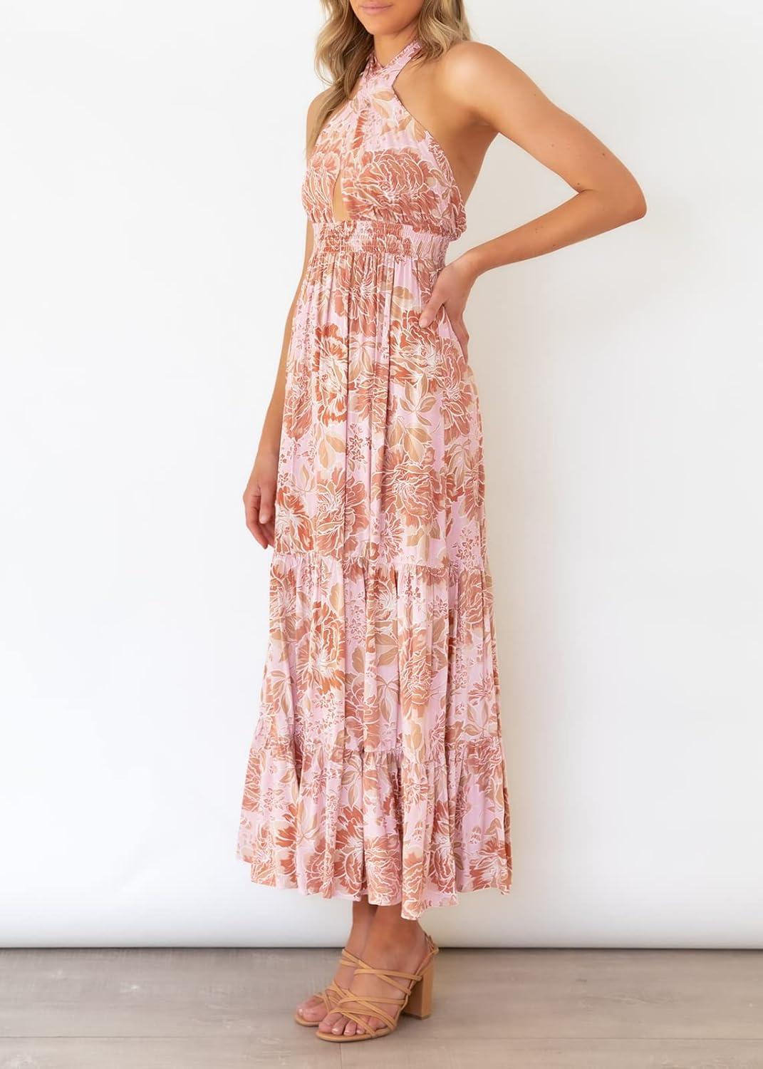 imageZESICA Womens 2026 Summer Crossover Halter Neck Sleeveless Plaid Cut Out Backless Flowy A Line Maxi DressLightbrown