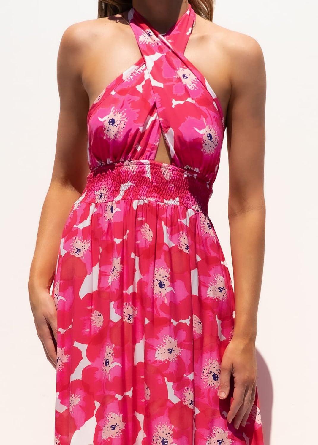 imageZESICA Womens 2026 Summer Crossover Halter Neck Sleeveless Plaid Cut Out Backless Flowy A Line Maxi DressMagenta