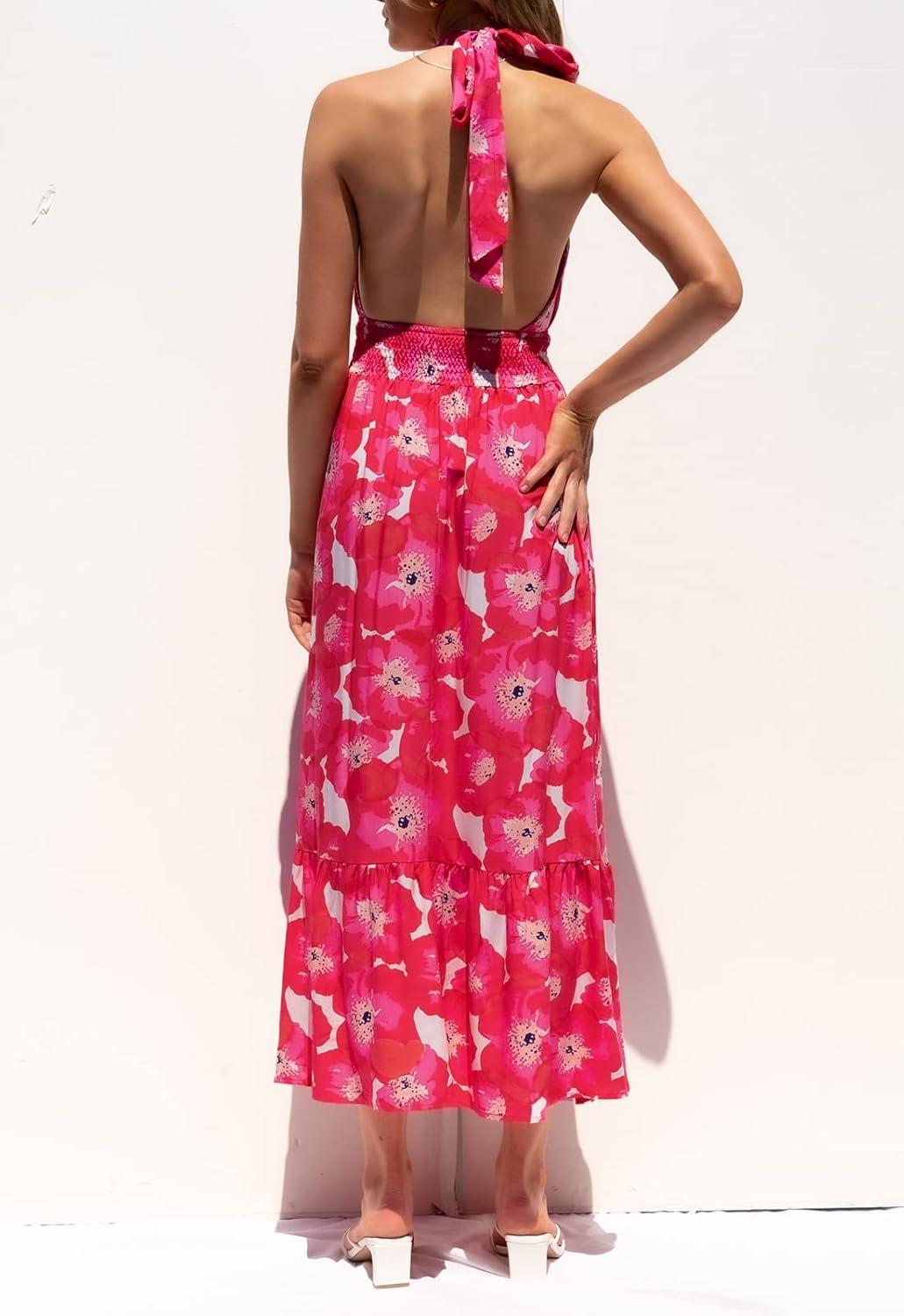 imageZESICA Womens 2026 Summer Crossover Halter Neck Sleeveless Plaid Cut Out Backless Flowy A Line Maxi DressMagenta