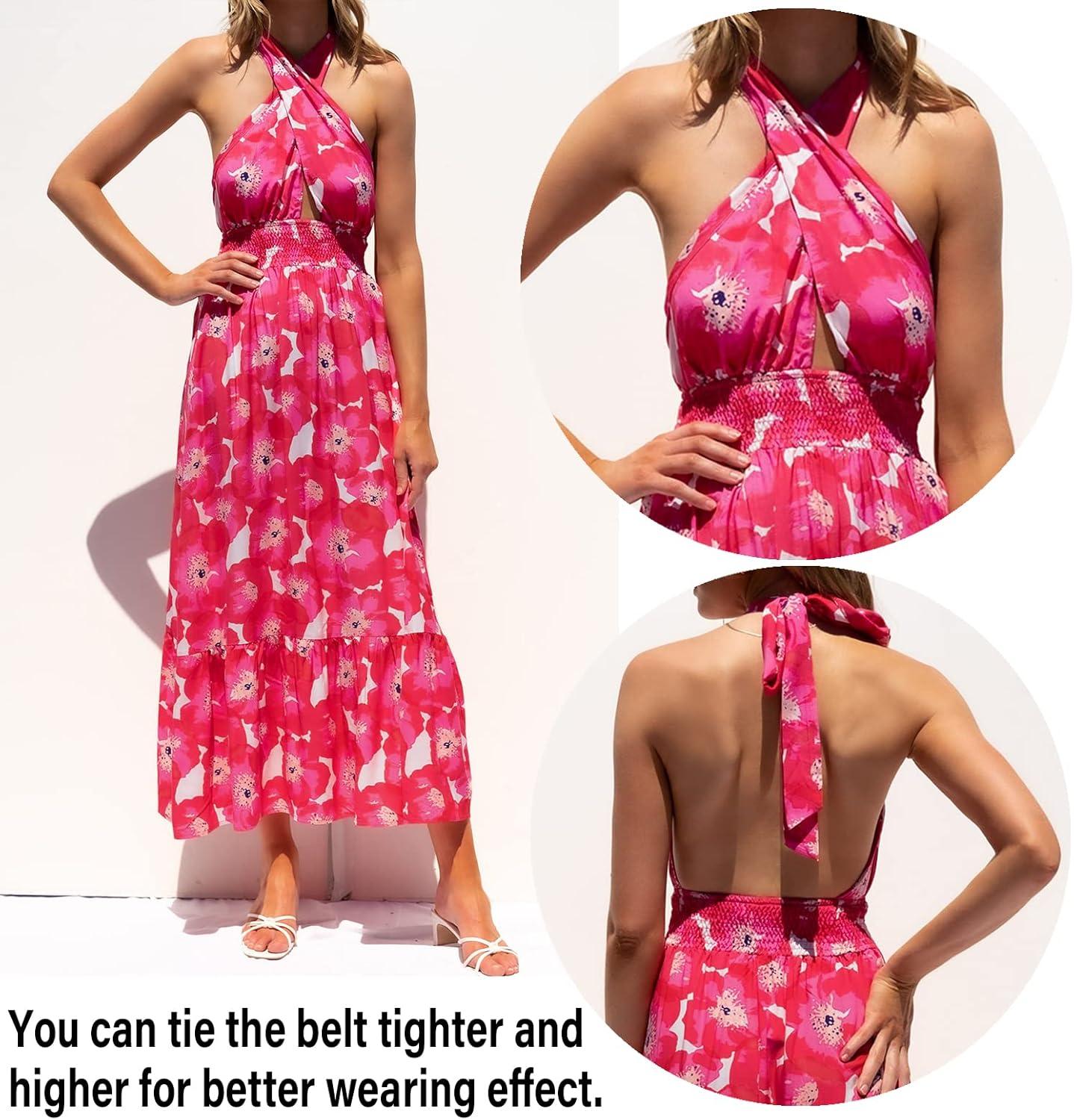 imageZESICA Womens 2026 Summer Crossover Halter Neck Sleeveless Plaid Cut Out Backless Flowy A Line Maxi DressMagenta