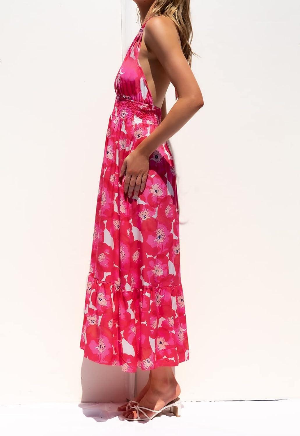 imageZESICA Womens 2026 Summer Crossover Halter Neck Sleeveless Plaid Cut Out Backless Flowy A Line Maxi DressMagenta