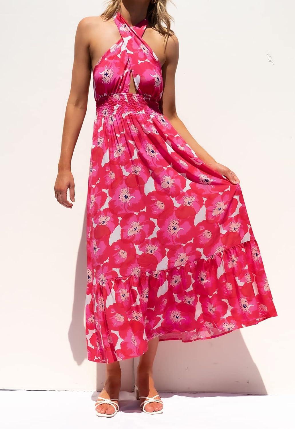 imageZESICA Womens 2026 Summer Crossover Halter Neck Sleeveless Plaid Cut Out Backless Flowy A Line Maxi DressMagenta