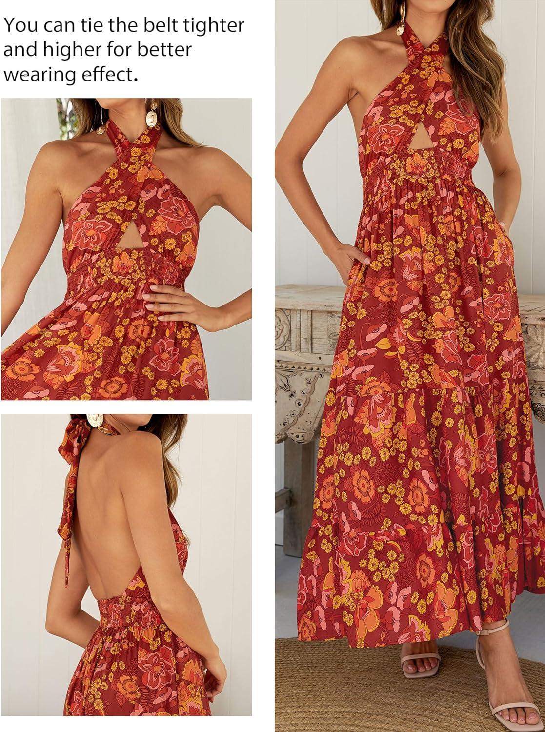 imageZESICA Womens 2026 Summer Crossover Halter Neck Sleeveless Plaid Cut Out Backless Flowy A Line Maxi DressOrangerust