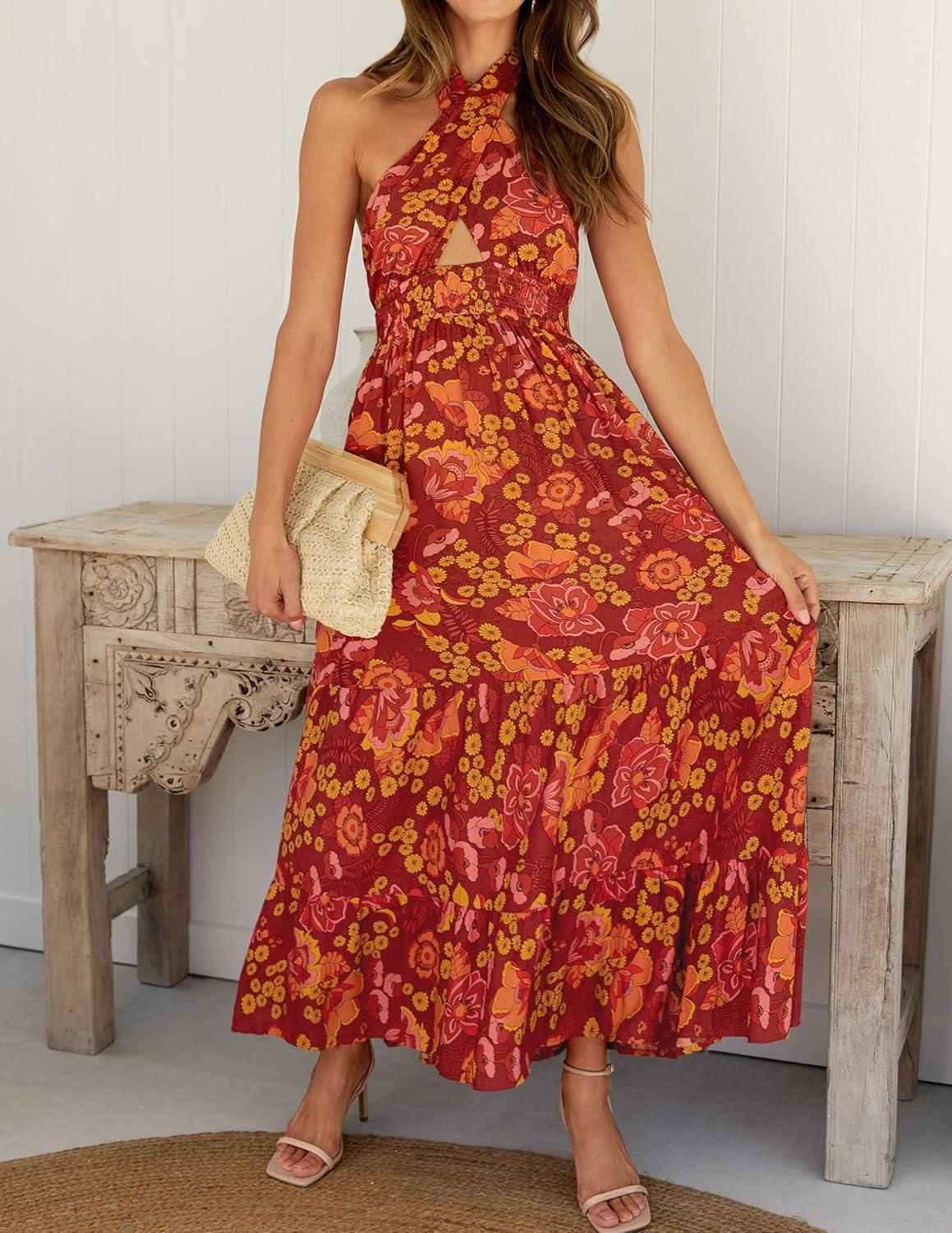 imageZESICA Womens 2026 Summer Crossover Halter Neck Sleeveless Plaid Cut Out Backless Flowy A Line Maxi DressOrangerust