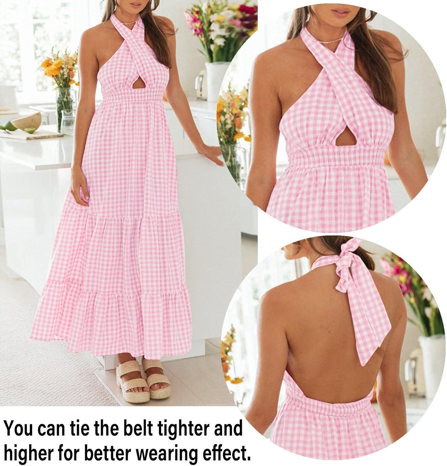 imageZESICA Womens 2026 Summer Crossover Halter Neck Sleeveless Plaid Cut Out Backless Flowy A Line Maxi DressPink