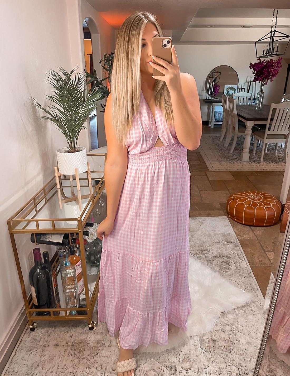 imageZESICA Womens 2026 Summer Crossover Halter Neck Sleeveless Plaid Cut Out Backless Flowy A Line Maxi DressPink