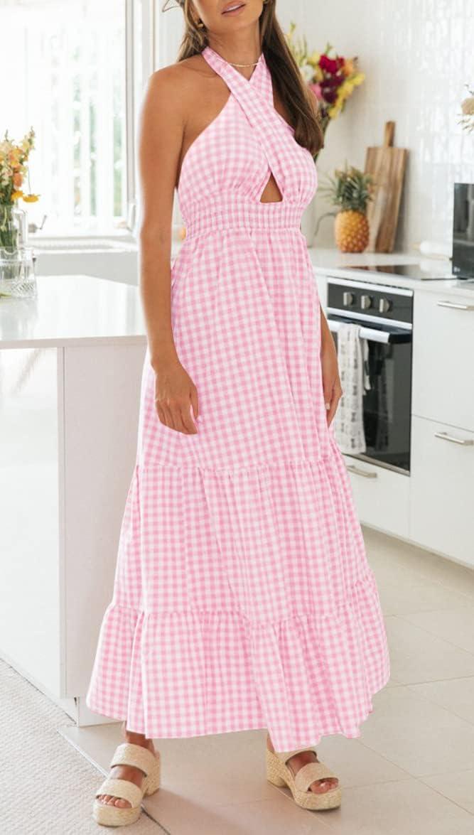 imageZESICA Womens 2026 Summer Crossover Halter Neck Sleeveless Plaid Cut Out Backless Flowy A Line Maxi DressPink