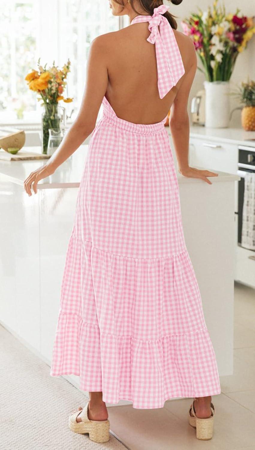 imageZESICA Womens 2026 Summer Crossover Halter Neck Sleeveless Plaid Cut Out Backless Flowy A Line Maxi DressPink