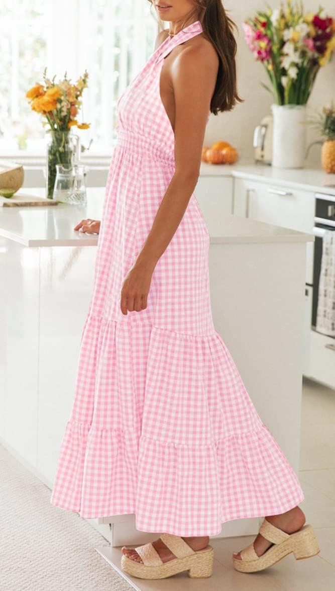 imageZESICA Womens 2026 Summer Crossover Halter Neck Sleeveless Plaid Cut Out Backless Flowy A Line Maxi DressPink