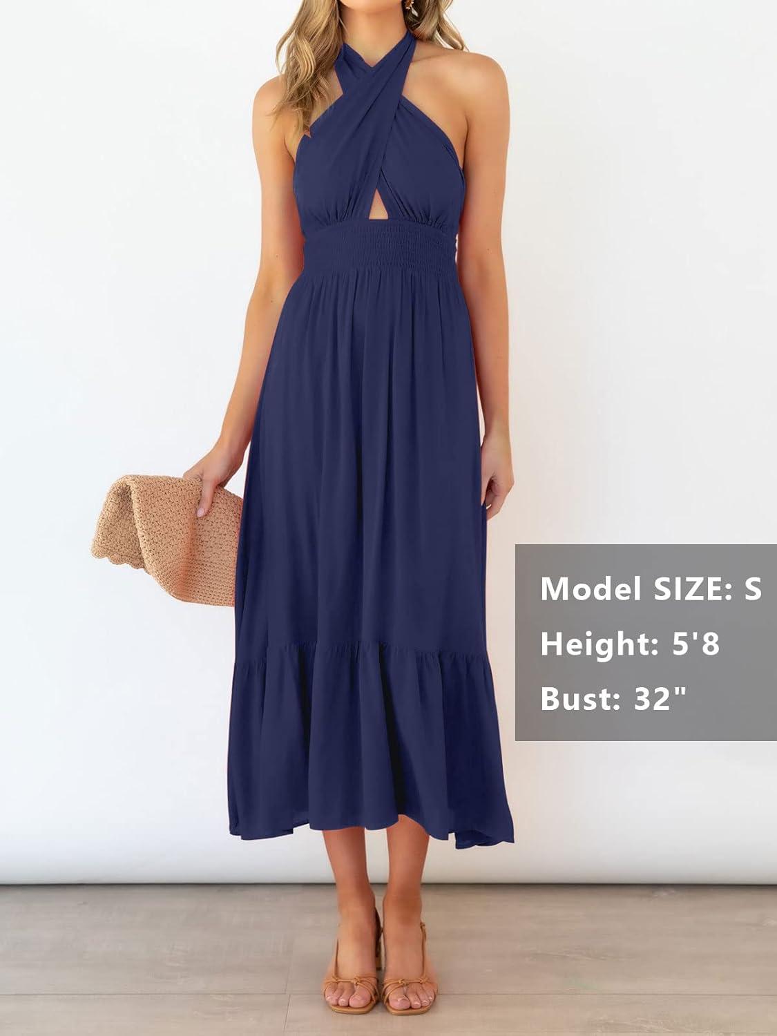 imageZESICA Womens 2026 Summer Crossover Halter Neck Sleeveless Plaid Cut Out Backless Flowy A Line Maxi DressRoyalblue