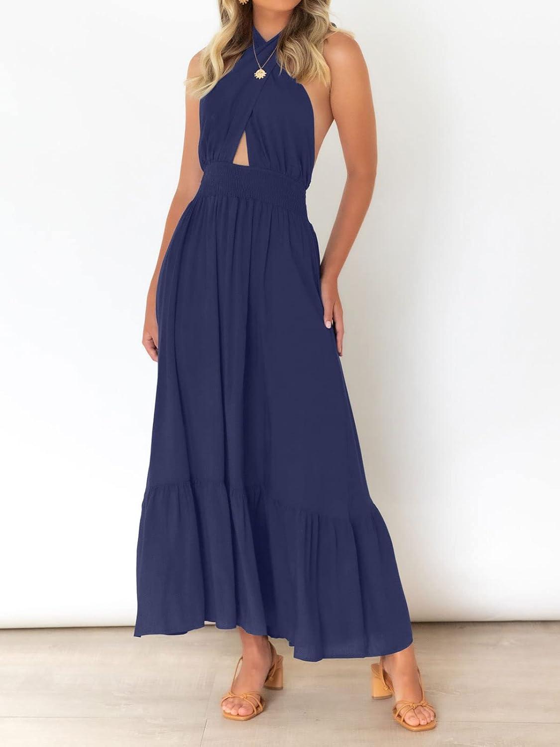 imageZESICA Womens 2026 Summer Crossover Halter Neck Sleeveless Plaid Cut Out Backless Flowy A Line Maxi DressRoyalblue