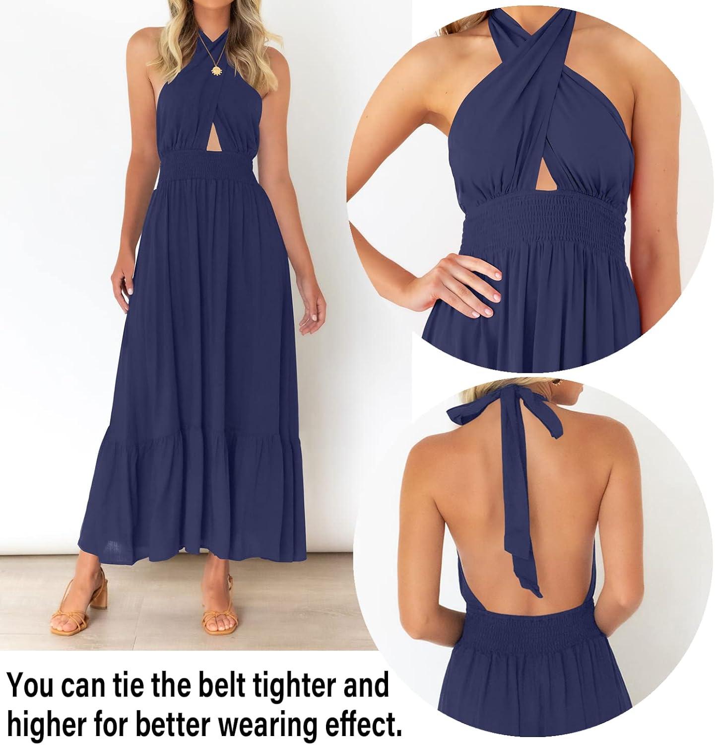 imageZESICA Womens 2026 Summer Crossover Halter Neck Sleeveless Plaid Cut Out Backless Flowy A Line Maxi DressRoyalblue