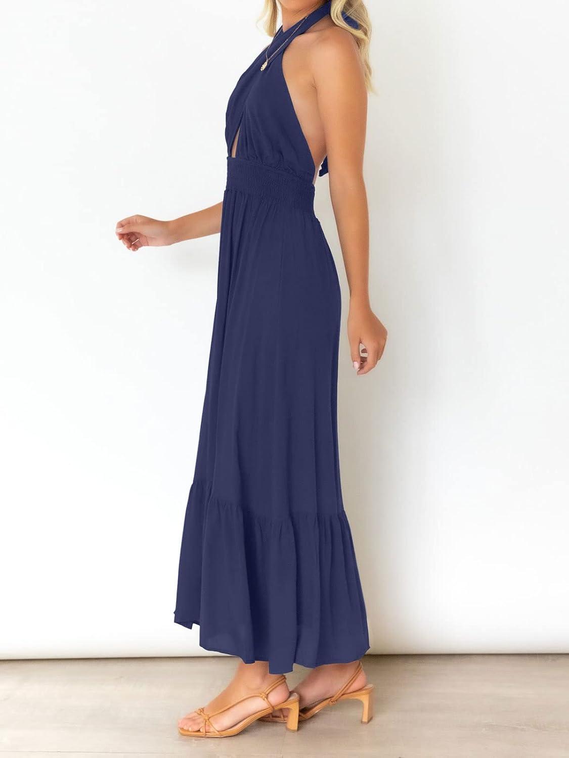 imageZESICA Womens 2026 Summer Crossover Halter Neck Sleeveless Plaid Cut Out Backless Flowy A Line Maxi DressRoyalblue