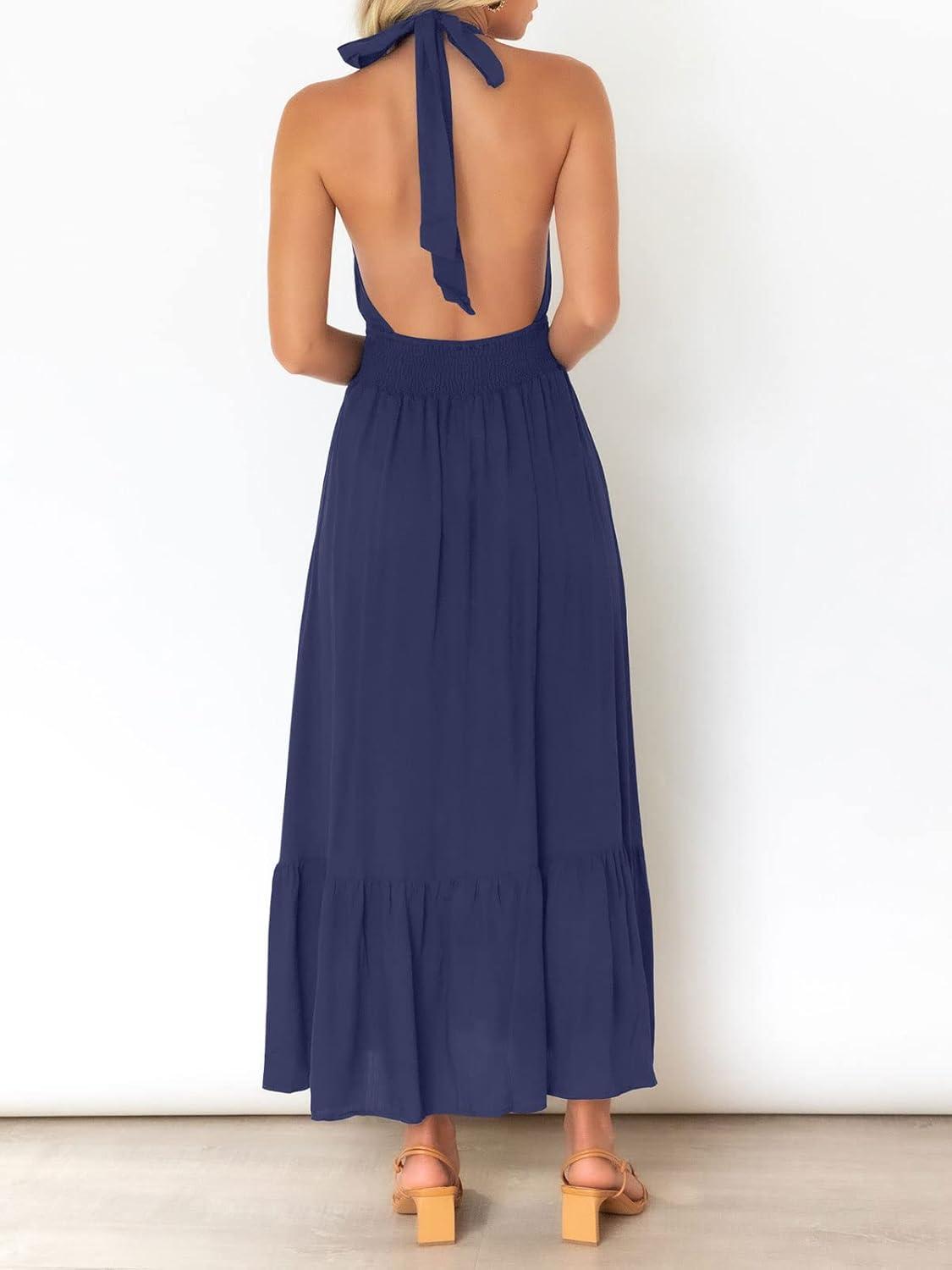 imageZESICA Womens 2026 Summer Crossover Halter Neck Sleeveless Plaid Cut Out Backless Flowy A Line Maxi DressRoyalblue