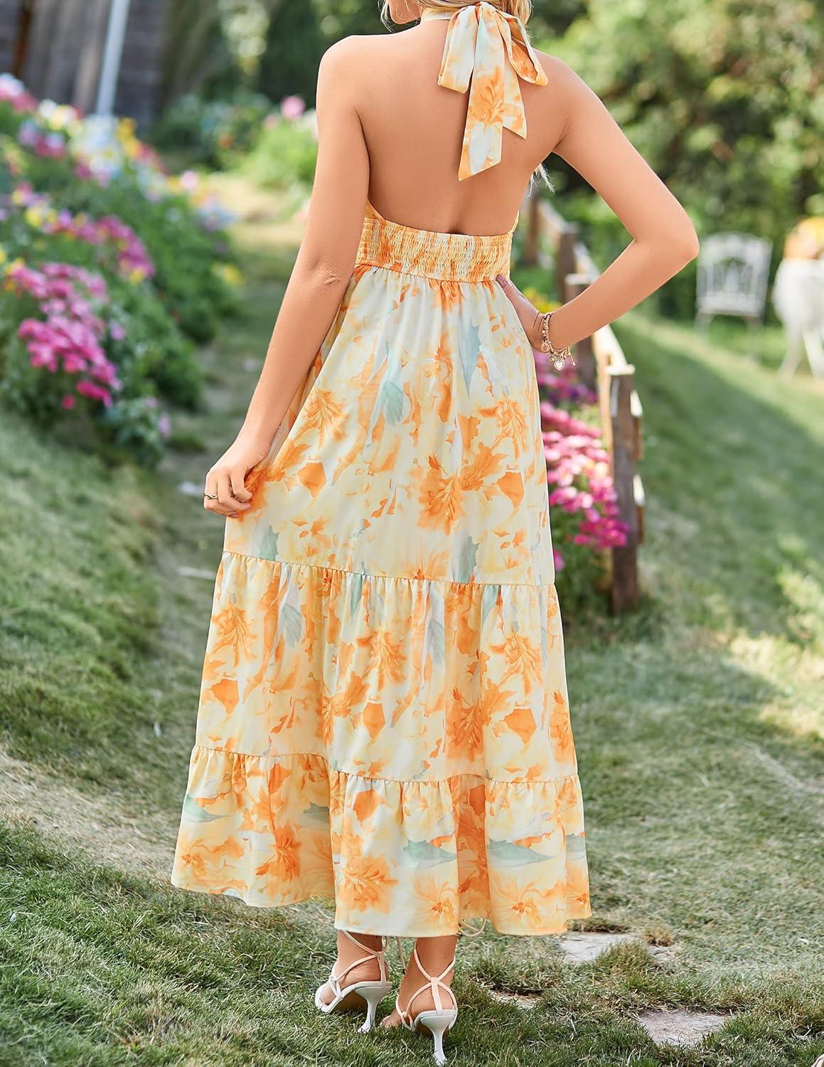 imageZESICA Womens 2026 Summer Crossover Halter Neck Sleeveless Plaid Cut Out Backless Flowy A Line Maxi DressSunsetyellow