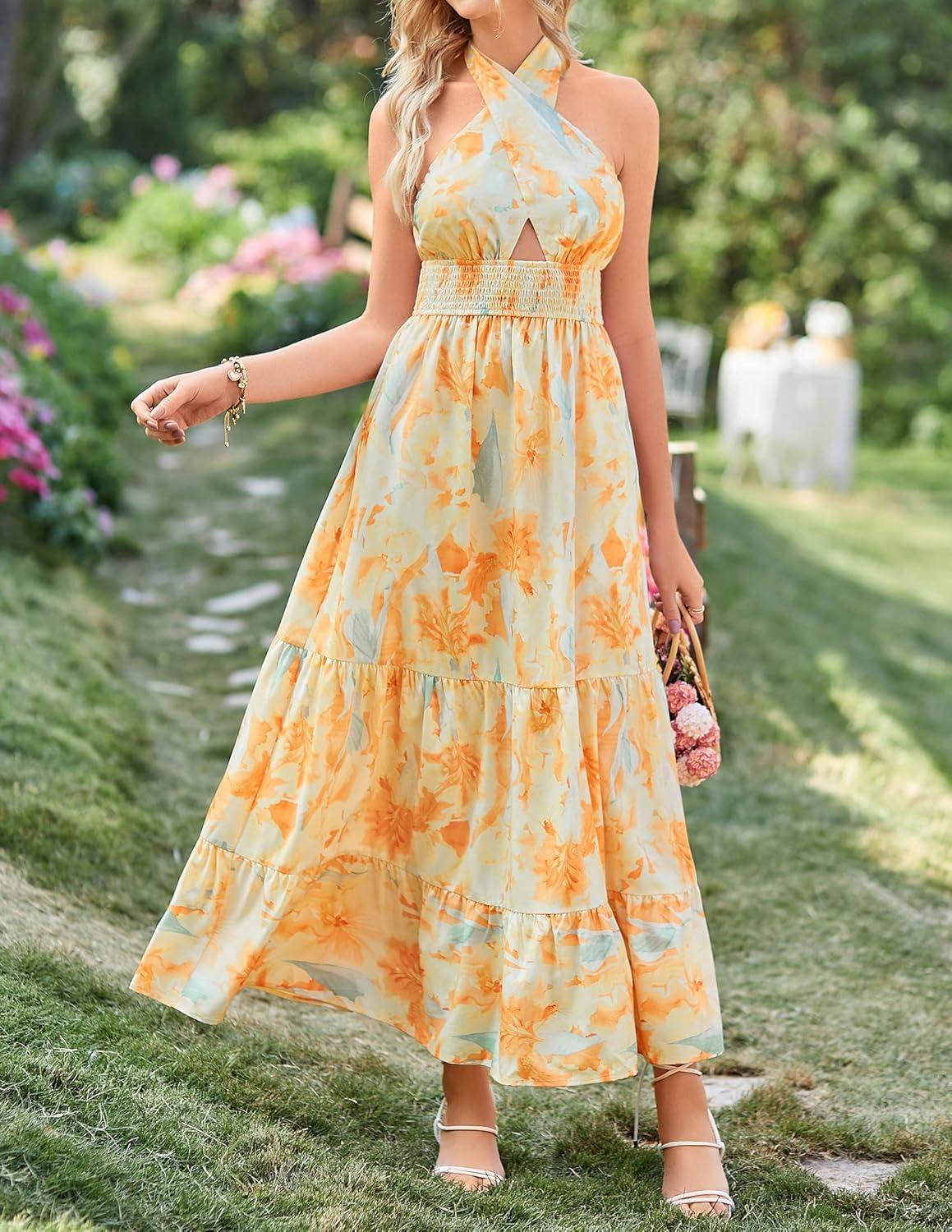 imageZESICA Womens 2026 Summer Crossover Halter Neck Sleeveless Plaid Cut Out Backless Flowy A Line Maxi DressSunsetyellow