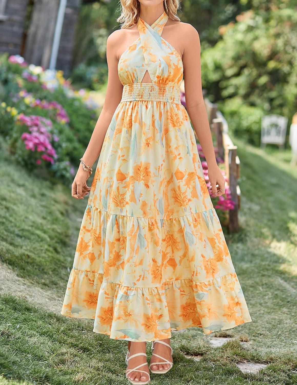 imageZESICA Womens 2026 Summer Crossover Halter Neck Sleeveless Plaid Cut Out Backless Flowy A Line Maxi DressSunsetyellow