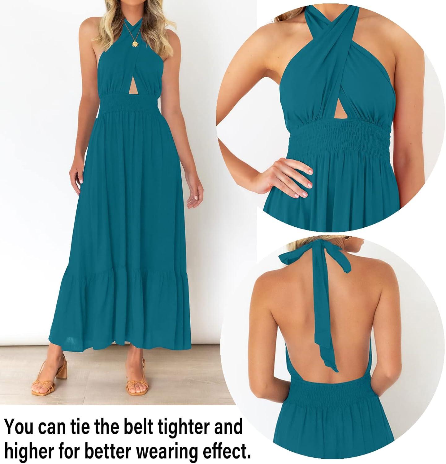imageZESICA Womens 2026 Summer Crossover Halter Neck Sleeveless Plaid Cut Out Backless Flowy A Line Maxi DressTeal
