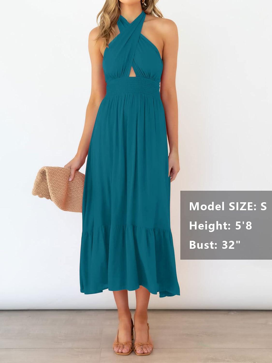 imageZESICA Womens 2026 Summer Crossover Halter Neck Sleeveless Plaid Cut Out Backless Flowy A Line Maxi DressTeal